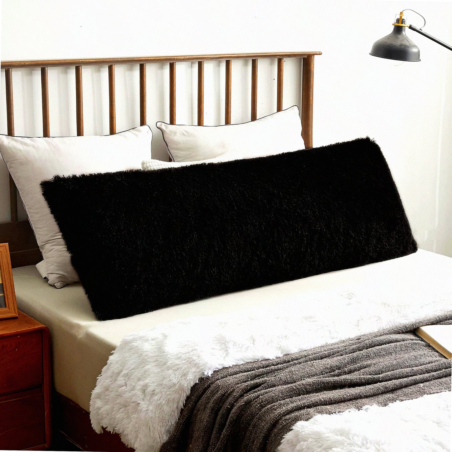 Fluffy Boho Shaggy Body Pillowcase - Soft Plush Long Decorative Pillow Cover for Bedroom Sofa Couch - Solid Black Throw Bed Pillow Case