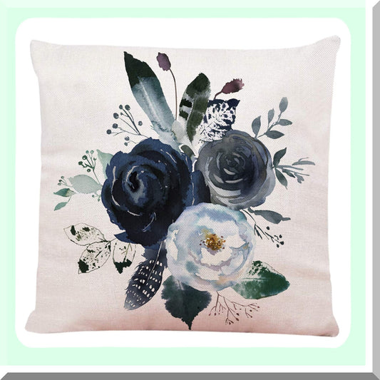 Watercolor Floral Wreath Rose Peony Boho Pillow Cover - Indigo Blue Grey Navy White Square Decorative Cushion Case 18x18 - Flower Throw Pillowcase