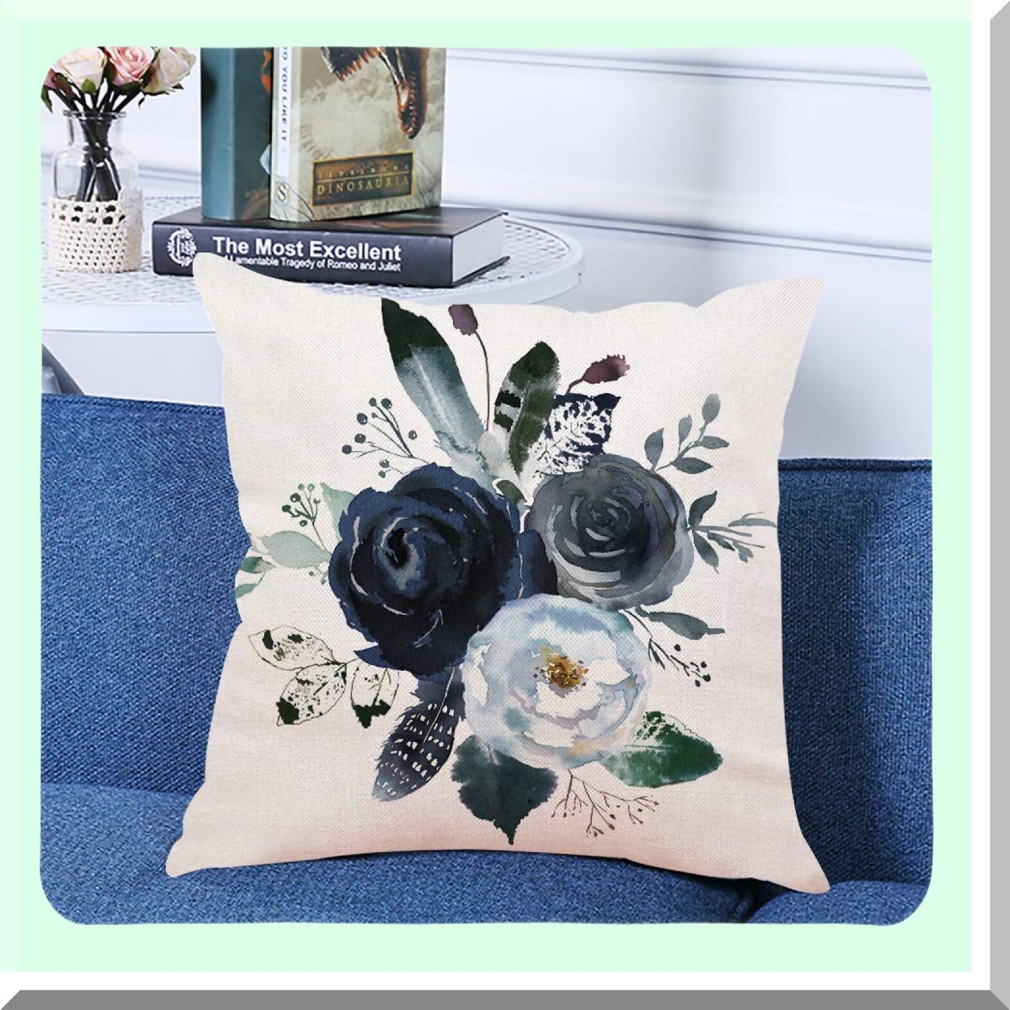 Watercolor Floral Wreath Rose Peony Boho Pillow Cover - Indigo Blue Grey Navy White Square Decorative Cushion Case 18x18 - Flower Throw Pillowcase