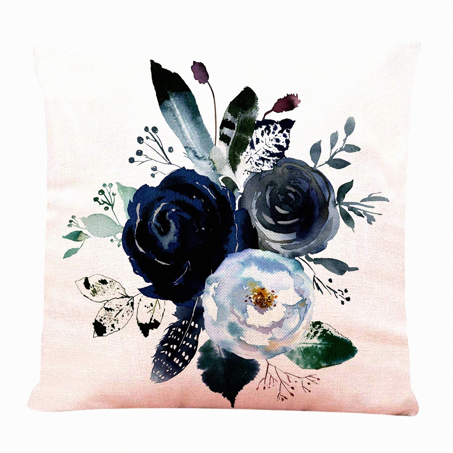 Watercolor Floral Wreath Rose Peony Boho Pillow Cover - Indigo Blue Grey Navy White Square Decorative Cushion Case 18x18 - Flower Throw Pillowcase