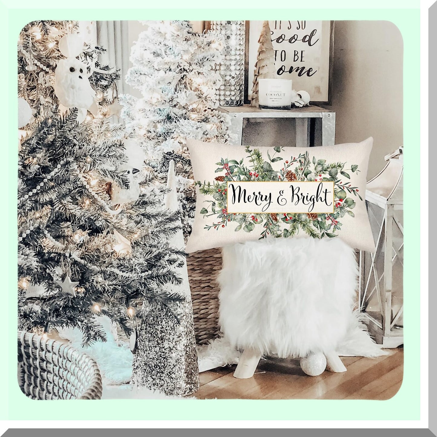 Winter Wonderland Eucalyptus Mistletoe Lumbar Pillow Cover - Festive Holiday Decor for Sofa - 12x20 Inch Rectangle Cushion Case - Merry & Bright