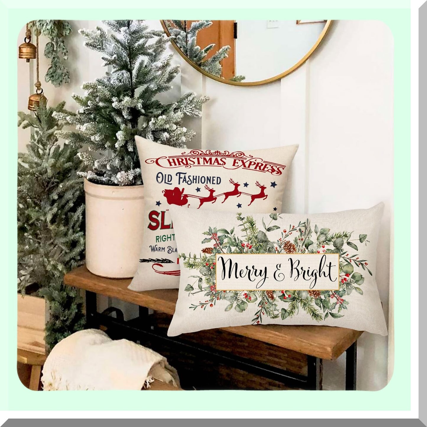 Winter Wonderland Eucalyptus Mistletoe Lumbar Pillow Cover - Festive Holiday Decor for Sofa - 12x20 Inch Rectangle Cushion Case - Merry & Bright