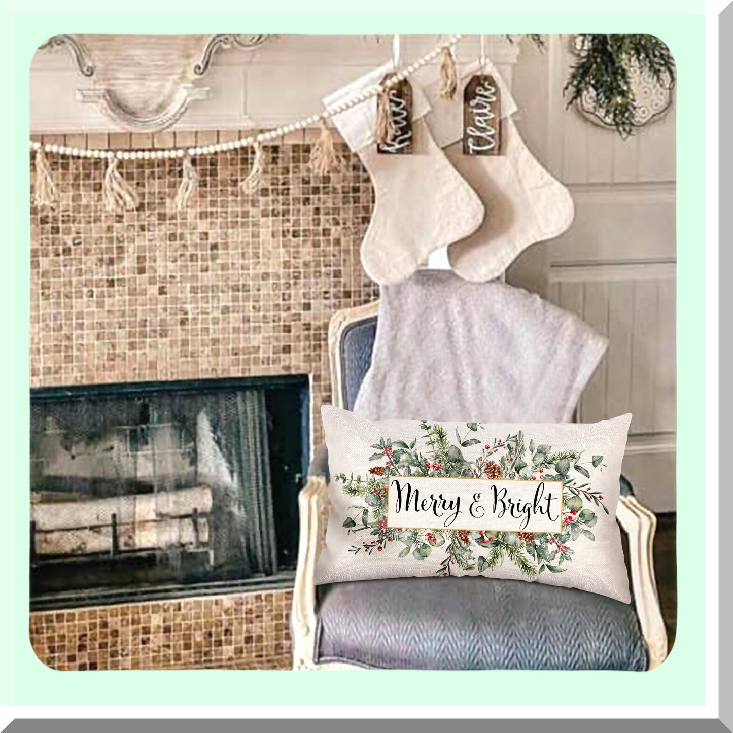 Winter Wonderland Eucalyptus Mistletoe Lumbar Pillow Cover - Festive Holiday Decor for Sofa - 12x20 Inch Rectangle Cushion Case - Merry & Bright