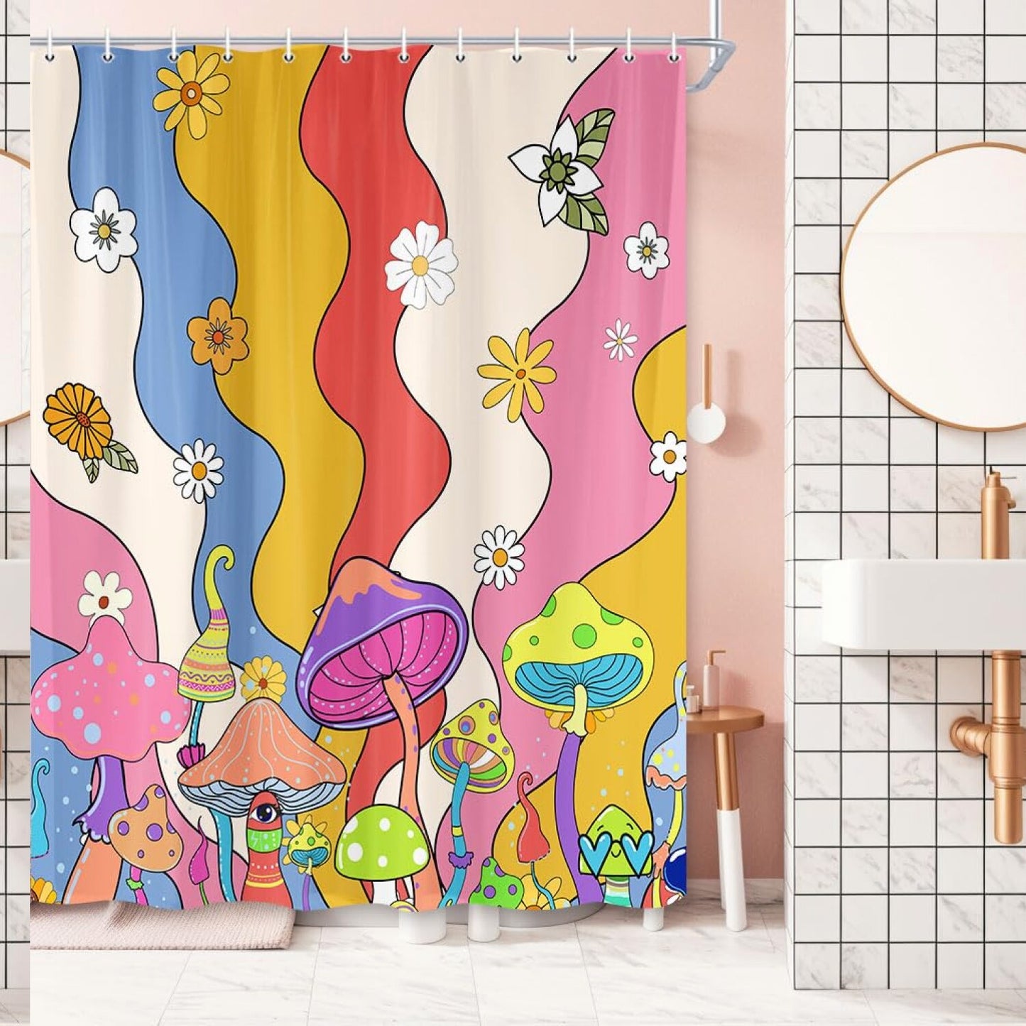 Pink Shower Curtain with Mushrooms and Colorful Design, 72x72in