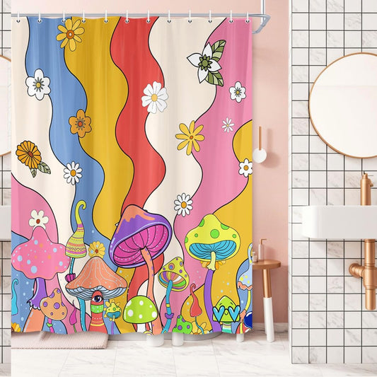 Pink Shower Curtain with Mushrooms and Colorful Design, 72x72in