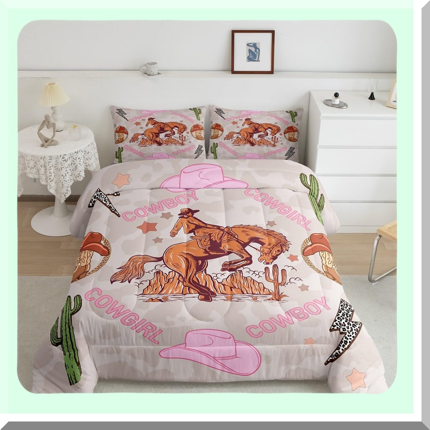 Pink Cowgirl Western Comforter Set - Queen Size with Leopard Print Lightning Rodeo Boho Luxury Bedding, featuring Cowgirl Hat, Boots, Stars, and Cactus design. Includes 2 Pillowcases for Women Adults.
