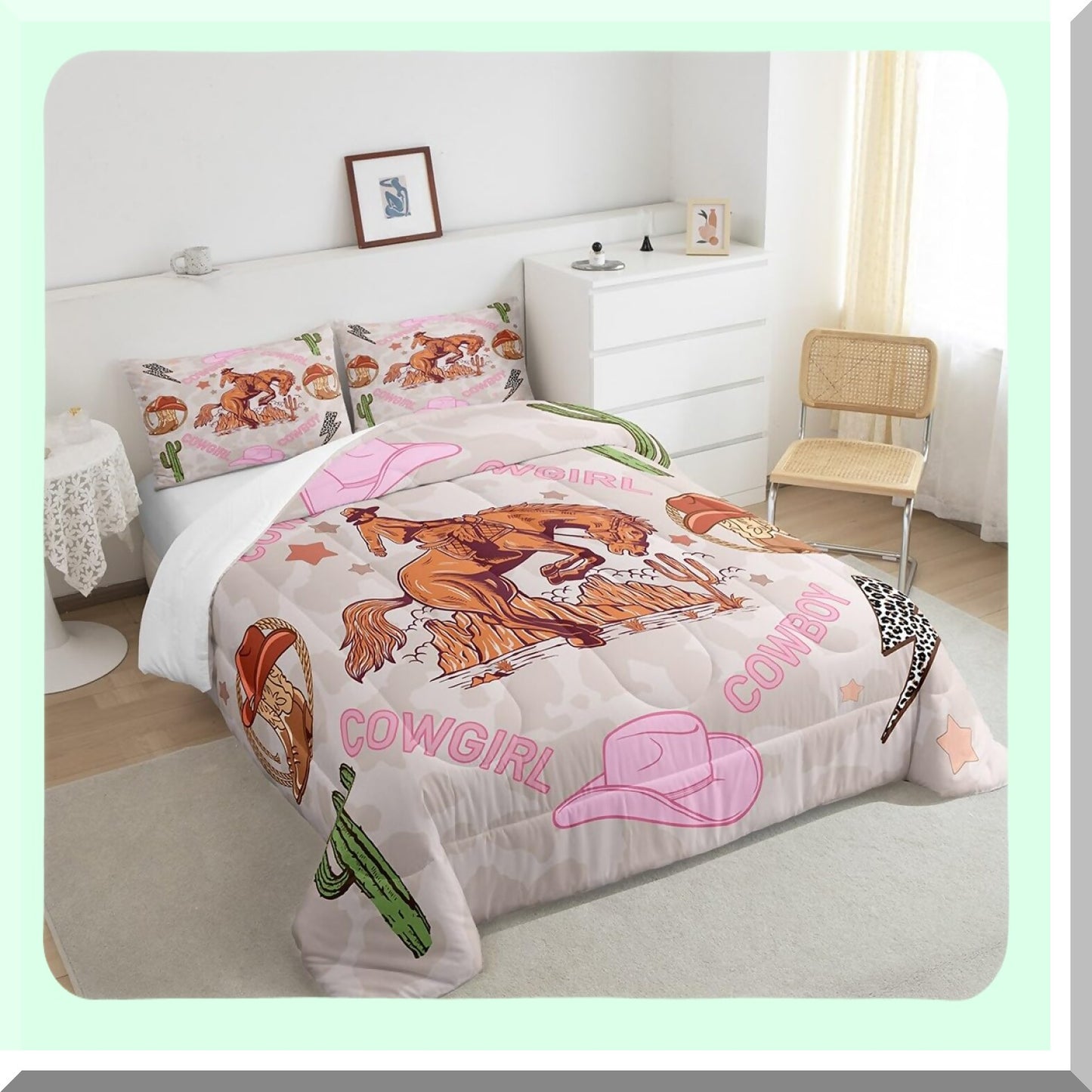 Pink Cowgirl Western Comforter Set - Queen Size with Leopard Print Lightning Rodeo Boho Luxury Bedding, featuring Cowgirl Hat, Boots, Stars, and Cactus design. Includes 2 Pillowcases for Women Adults.