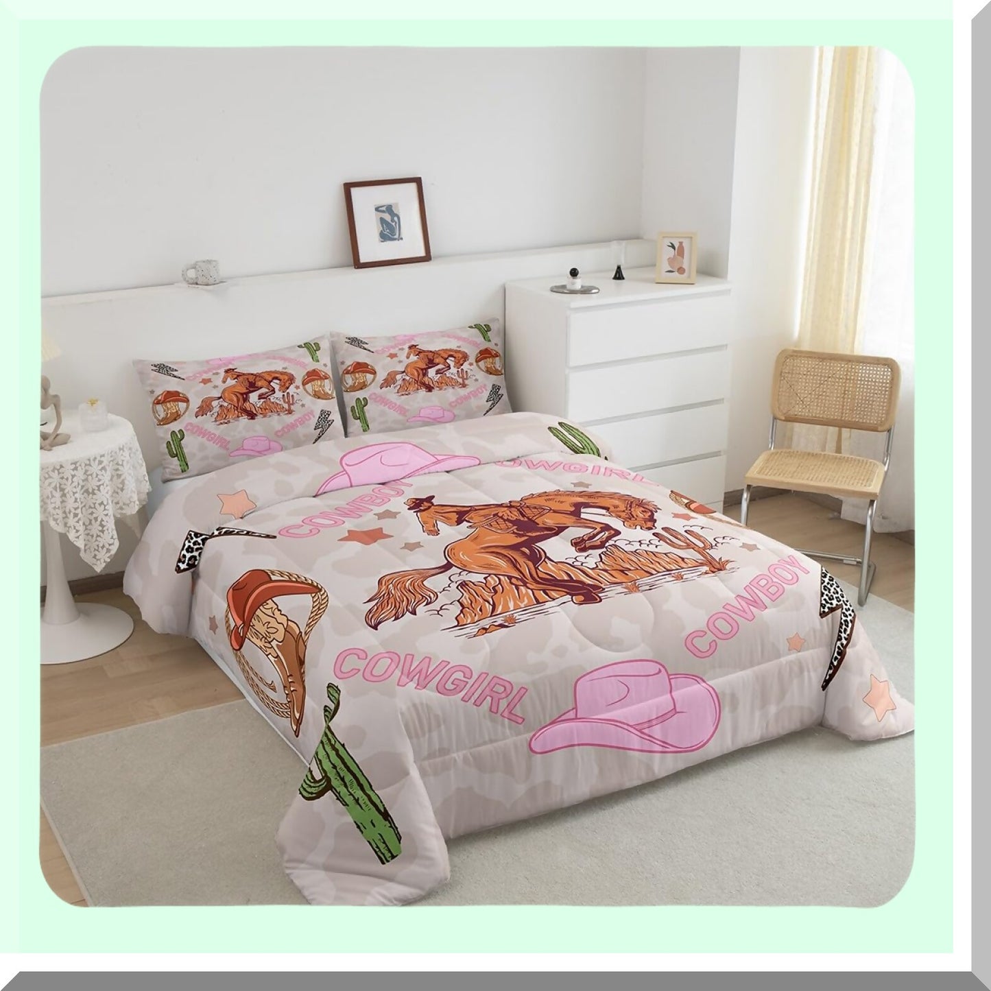 Pink Cowgirl Western Comforter Set - Queen Size with Leopard Print Lightning Rodeo Boho Luxury Bedding, featuring Cowgirl Hat, Boots, Stars, and Cactus design. Includes 2 Pillowcases for Women Adults.