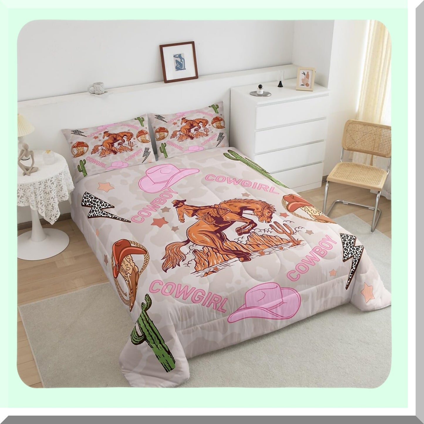 Pink Cowgirl Western Comforter Set - Queen Size with Leopard Print Lightning Rodeo Boho Luxury Bedding, featuring Cowgirl Hat, Boots, Stars, and Cactus design. Includes 2 Pillowcases for Women Adults.