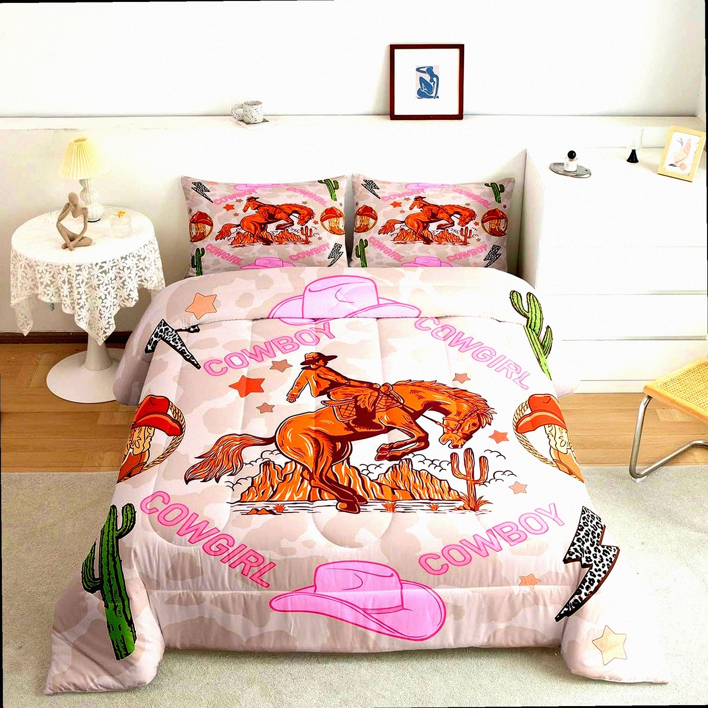 Pink Cowgirl Western Comforter Set - Queen Size with Leopard Print Lightning Rodeo Boho Luxury Bedding, featuring Cowgirl Hat, Boots, Stars, and Cactus design. Includes 2 Pillowcases for Women Adults.