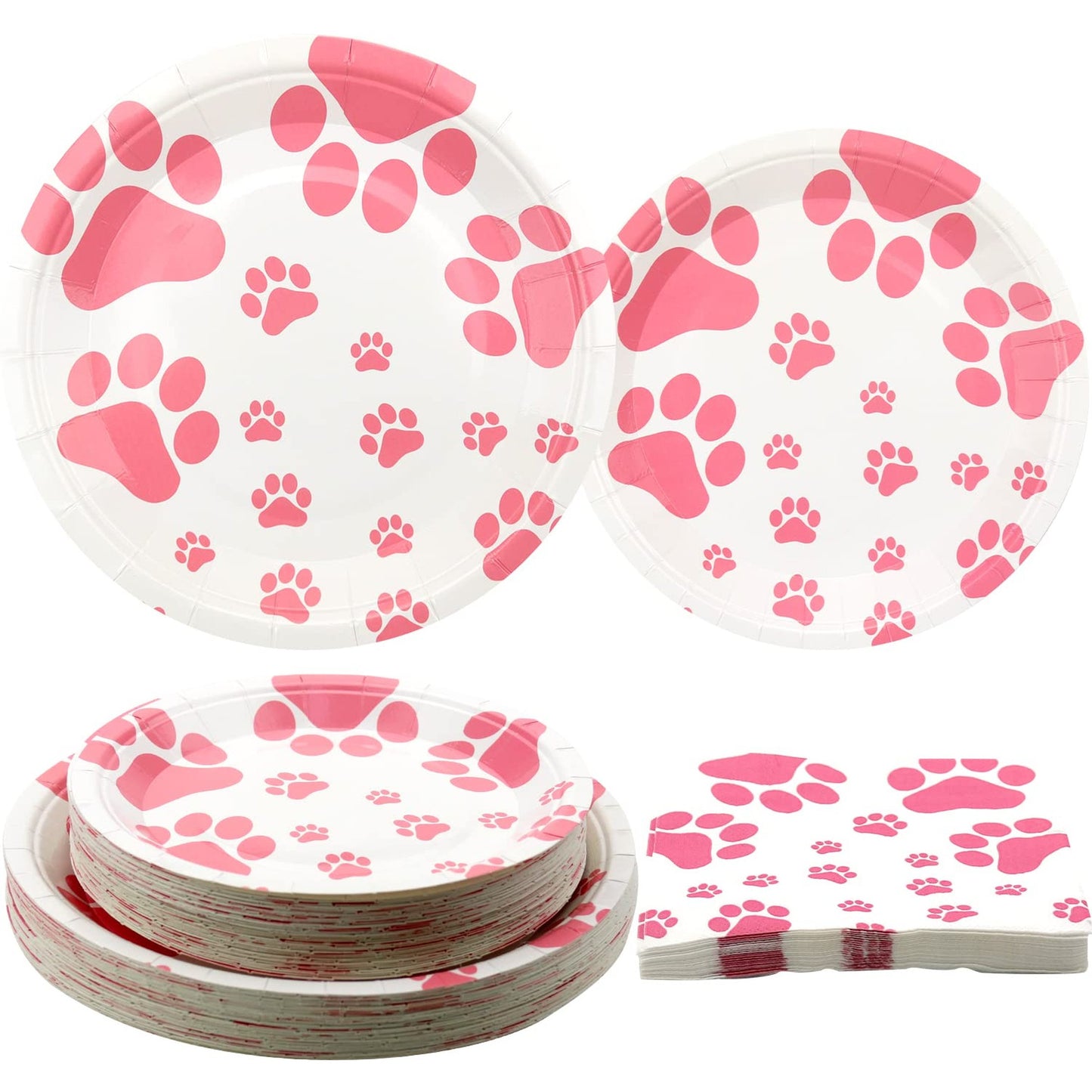 Pawty Pup Pack - Dog Birthday Party Supplies Set for Girls - Includes 120 Pieces of Pink Paw Print Tableware for 40 Guests - 9 Inch Plates and Napkins