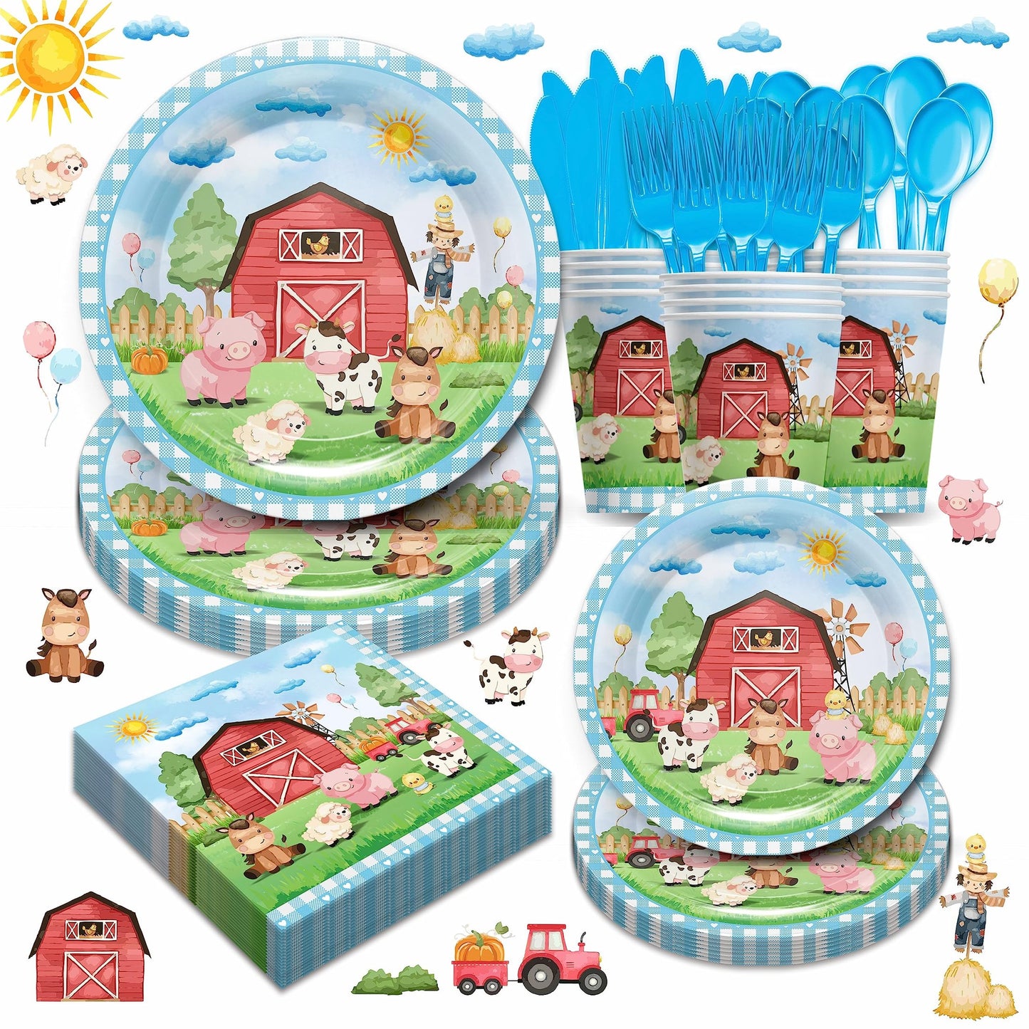 Farmhouse Fun Party Pack - Complete Barnyard Theme Tableware Set for 24 Guests - Includes Plates, Cups, Napkins, and Cutlery - Perfect for Farm Birthday or Baby Shower Decorations