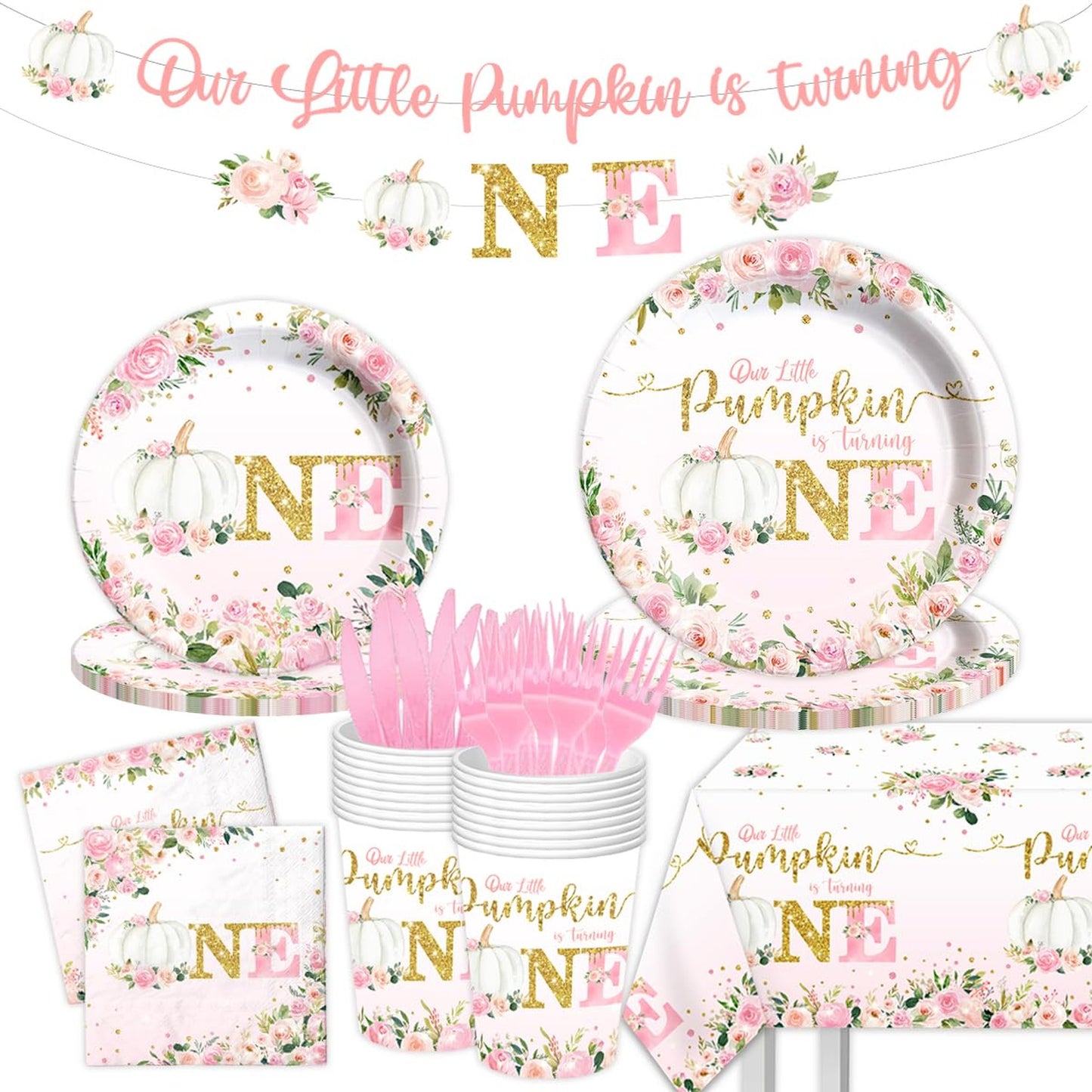 Pink Pumpkin Party Table Set - Complete tableware set for your little girl's birthday party, featuring adorable pink pumpkins and cute designs.