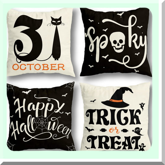Spider Web Cat Skull Decorative Pillow Covers - Set of 4 Farmhouse Home Decor Throw Pillows - Indoor Outdoor Party Supplies Cushion Case - 18x18