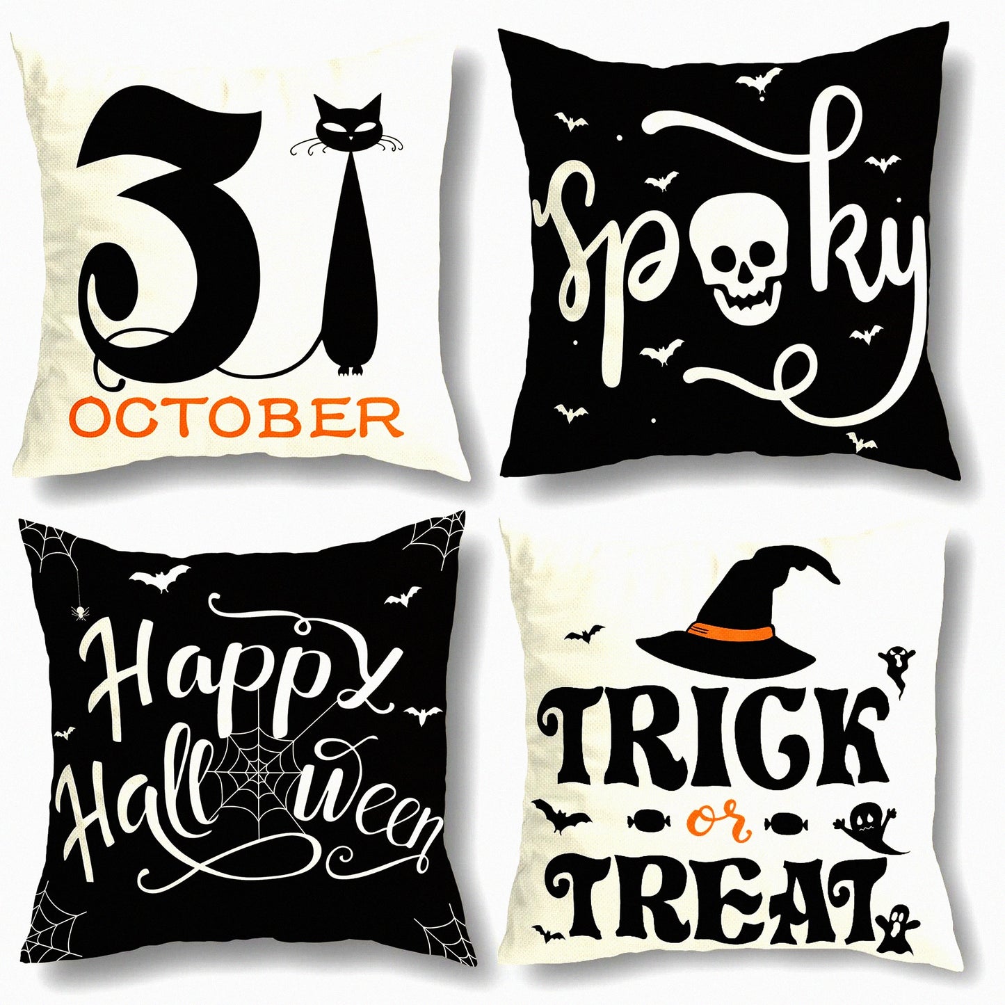 Spider Web Cat Skull Decorative Pillow Covers - Set of 4 Farmhouse Home Decor Throw Pillows - Indoor Outdoor Party Supplies Cushion Case - 18x18