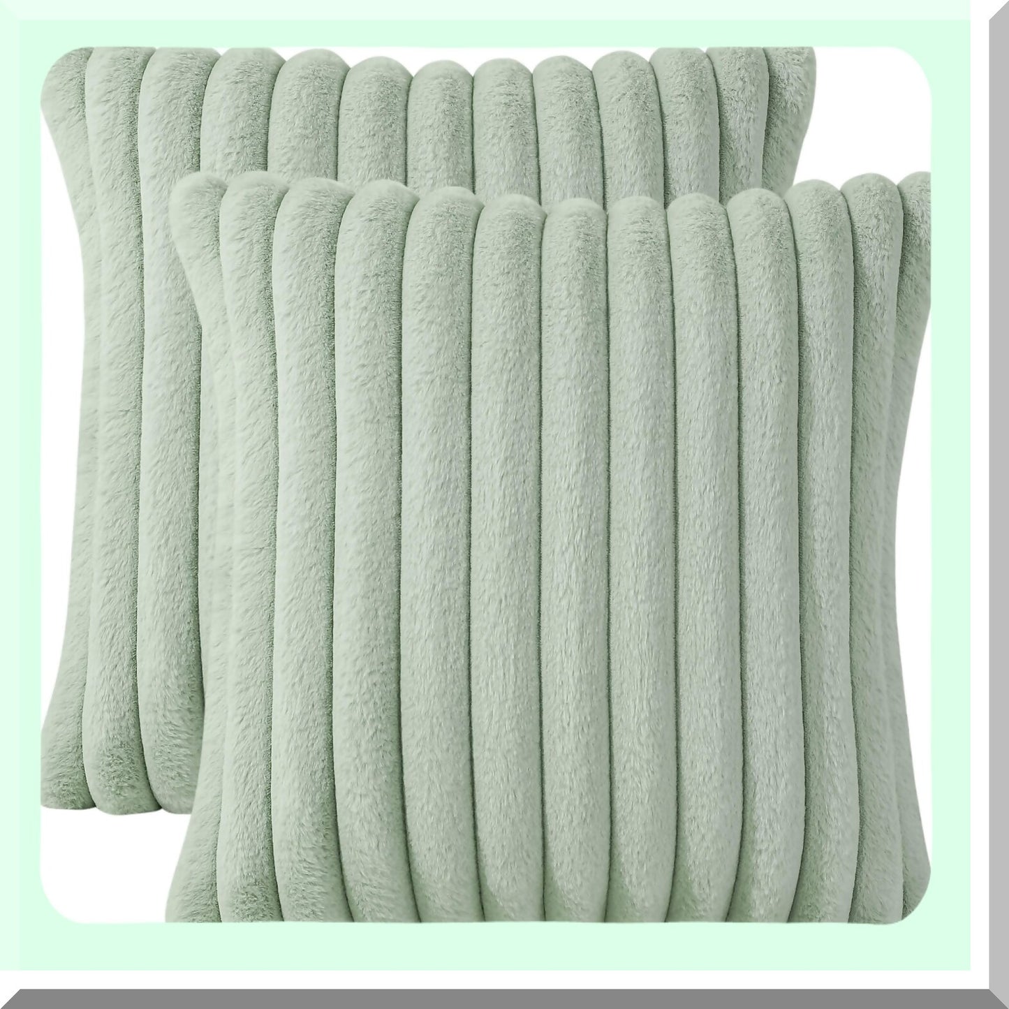 Cozy Velvet Rabbit Striped Pillow Covers - Set of 2 Decorative Throw Cushion Cases for Couch Sofa Bedroom - Super Soft Fuzzy 18 x 18-Inch Light Green