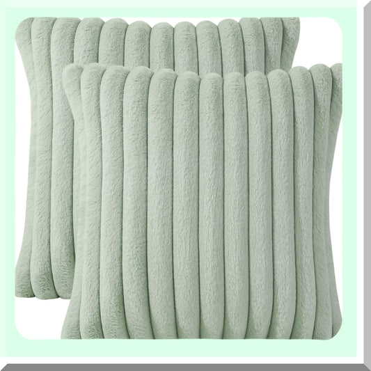 Cozy Velvet Rabbit Striped Pillow Covers - Set of 2 Decorative Throw Cushion Cases for Couch Sofa Bedroom - Super Soft Fuzzy 18 x 18-Inch Light Green
