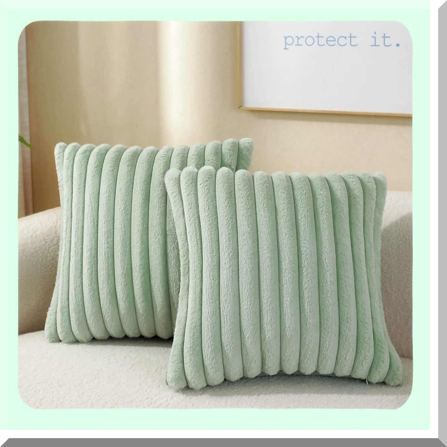 Cozy Velvet Rabbit Striped Pillow Covers - Set of 2 Decorative Throw Cushion Cases for Couch Sofa Bedroom - Super Soft Fuzzy 18 x 18-Inch Light Green