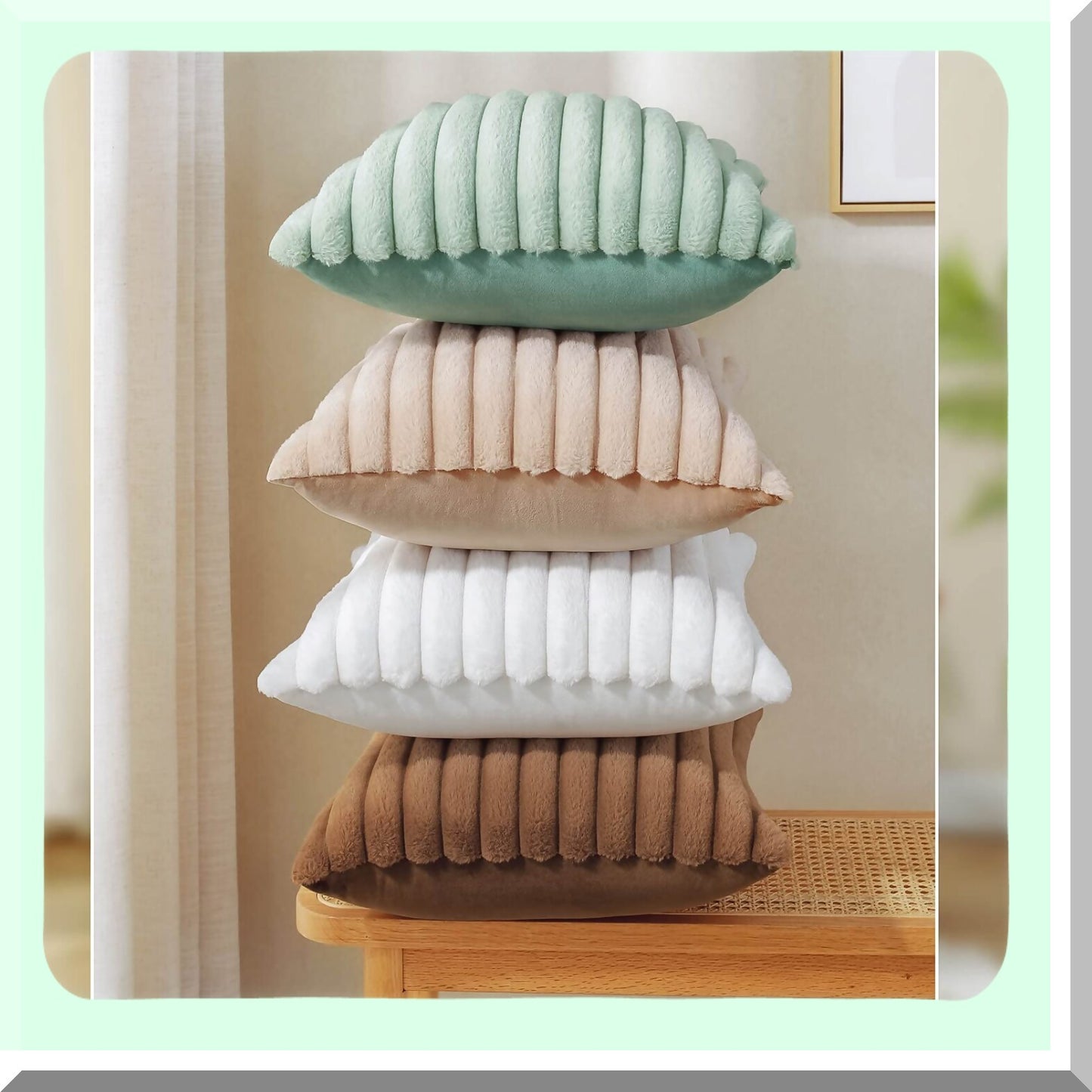 Cozy Velvet Rabbit Striped Pillow Covers - Set of 2 Decorative Throw Cushion Cases for Couch Sofa Bedroom - Super Soft Fuzzy 18 x 18-Inch Light Green
