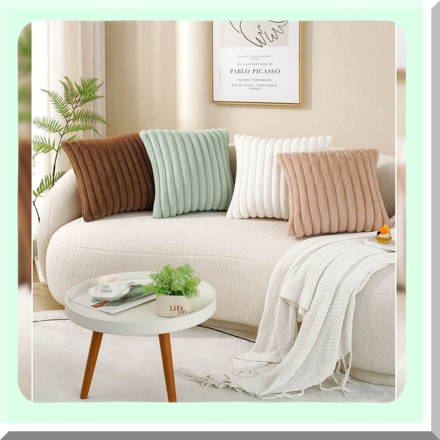 Cozy Velvet Rabbit Striped Pillow Covers - Set of 2 Decorative Throw Cushion Cases for Couch Sofa Bedroom - Super Soft Fuzzy 18 x 18-Inch Light Green