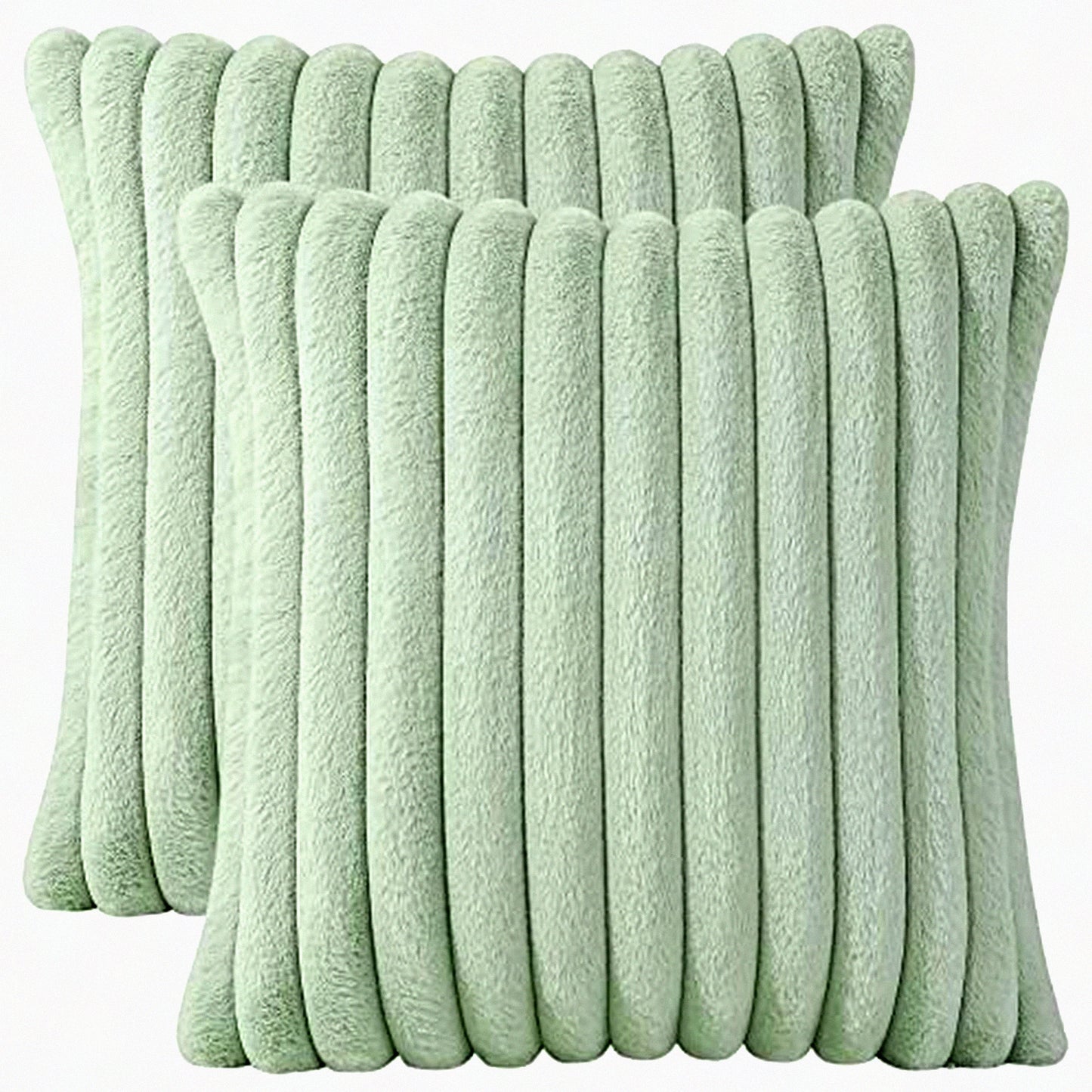 Cozy Velvet Rabbit Striped Pillow Covers - Set of 2 Decorative Throw Cushion Cases for Couch Sofa Bedroom - Super Soft Fuzzy 18 x 18-Inch Light Green