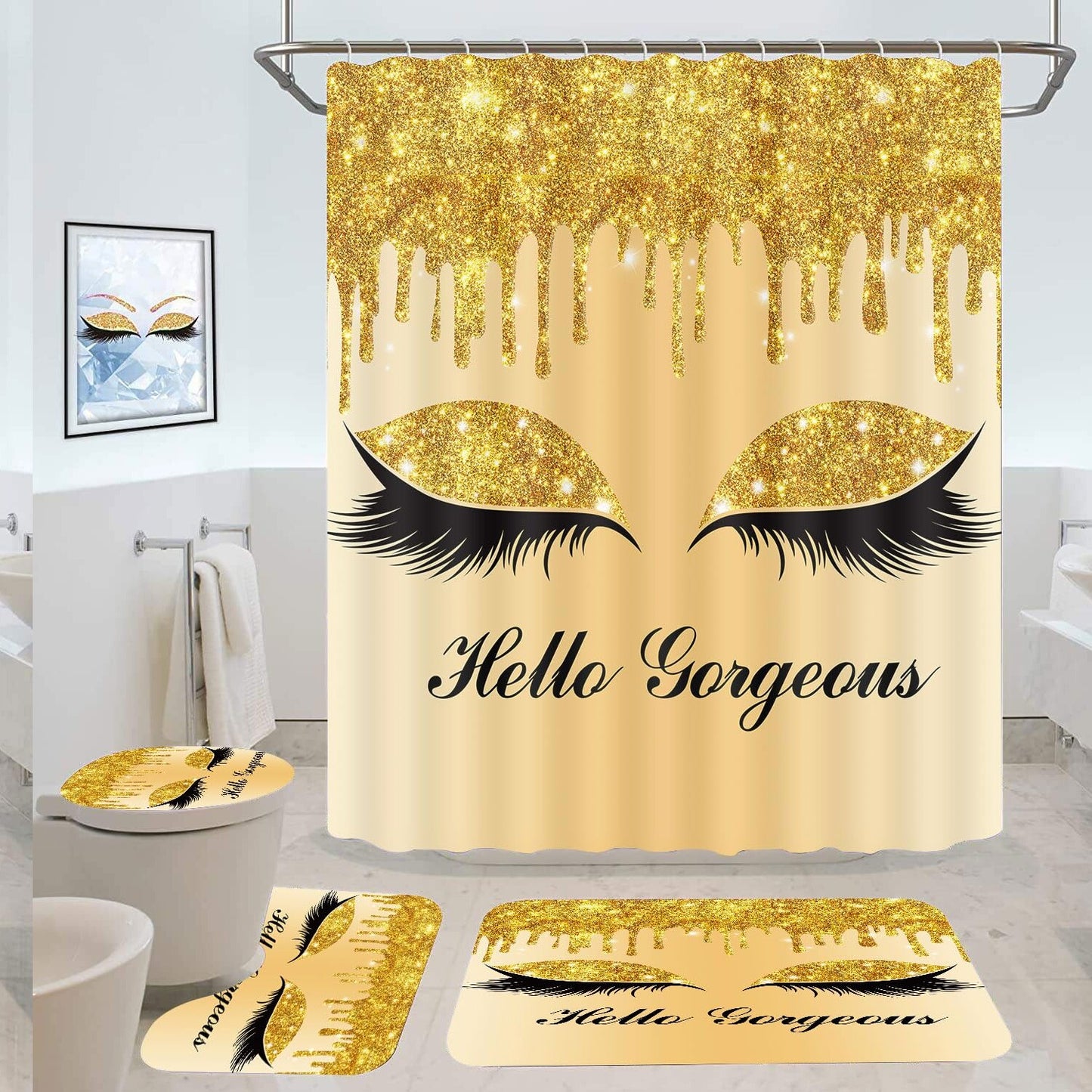 Pink Bathroom Shower Curtain Set with Rug and Accessories
