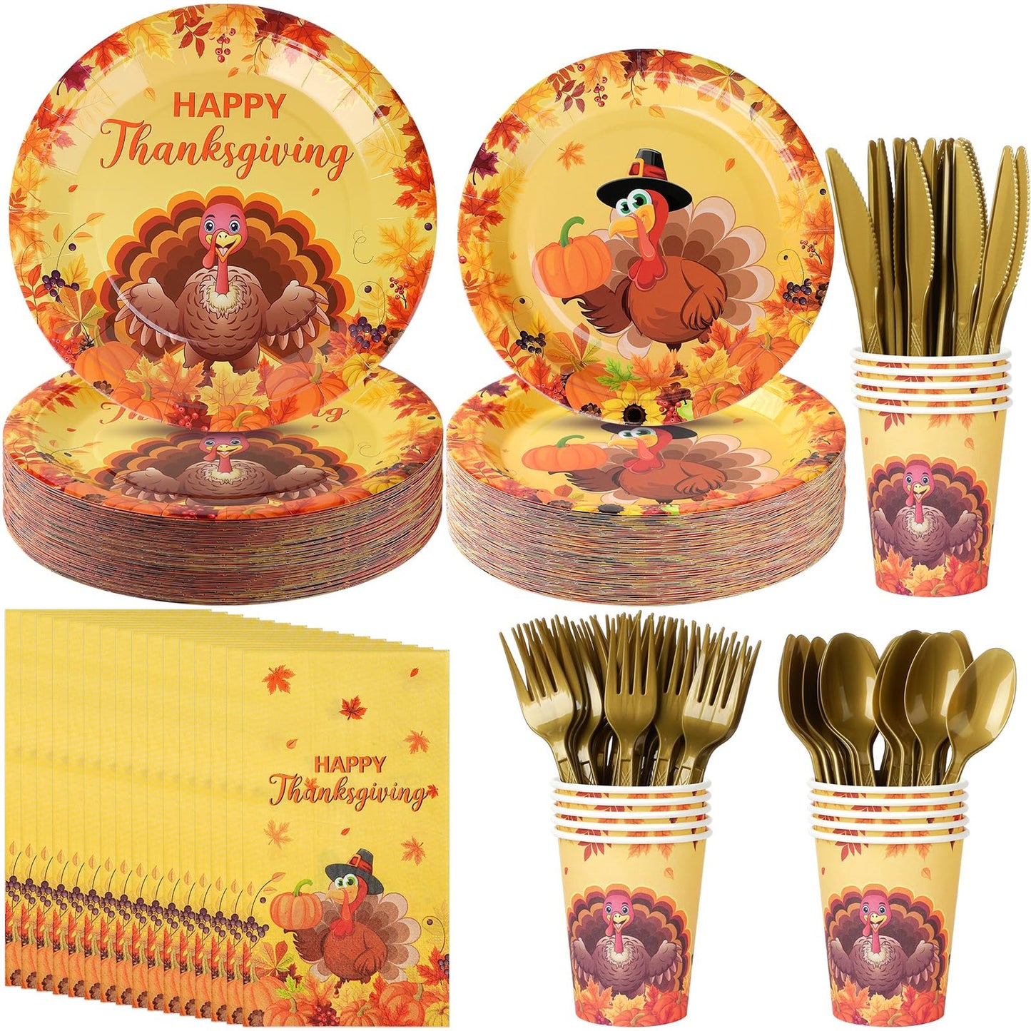 Fall Harvest Feast Party Pack - Thanksgiving Plates & Napkins Set for 25 Guests. Includes Autumn Pumpkin, Maple Leaves, Turkey Dinnerware, Cups, Forks, Knives, and Spoons. Perfect for Give Thanks Party Decorations.