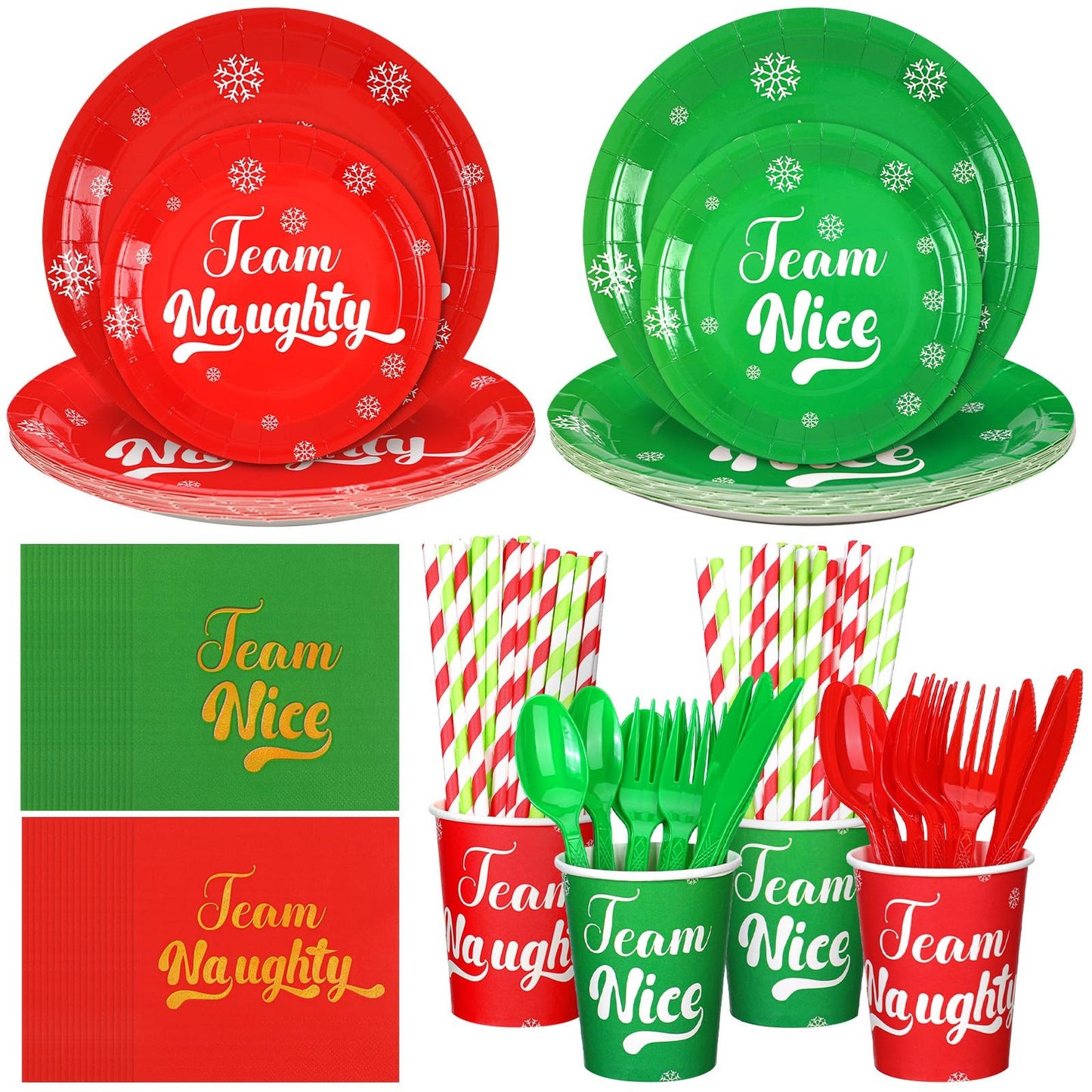 Party Perfect Paperware Set - 192 Pcs of 9" & 7" Plates, Cups, Napkins, Straws, Neon Utensils in Red & Green for Birthday Celebrations & Events