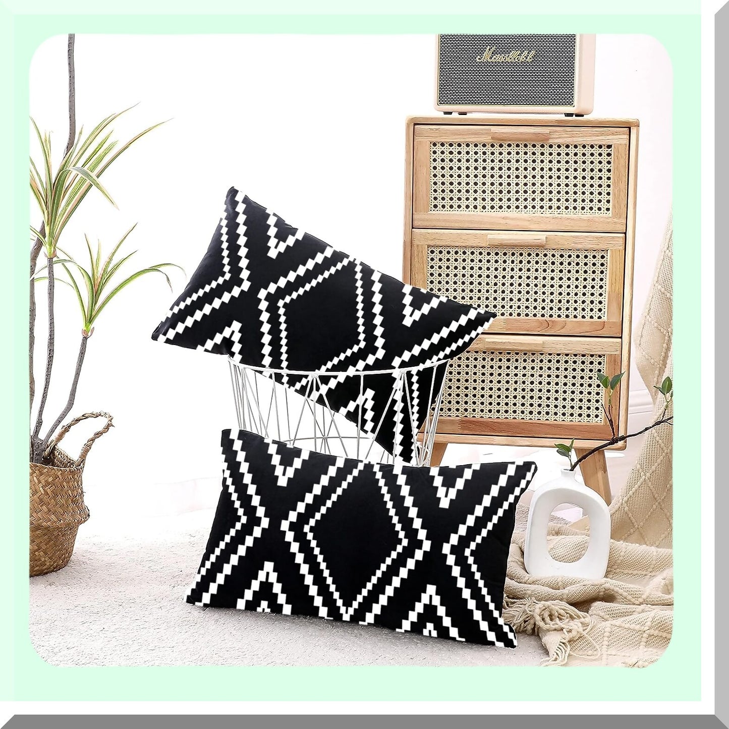 Boho Velvet Black Pillowcase Set - Soft Square Decorative Throw Pillow Covers for Sofa Couch Bed Decor - 2 Pack 12x20 Inches
