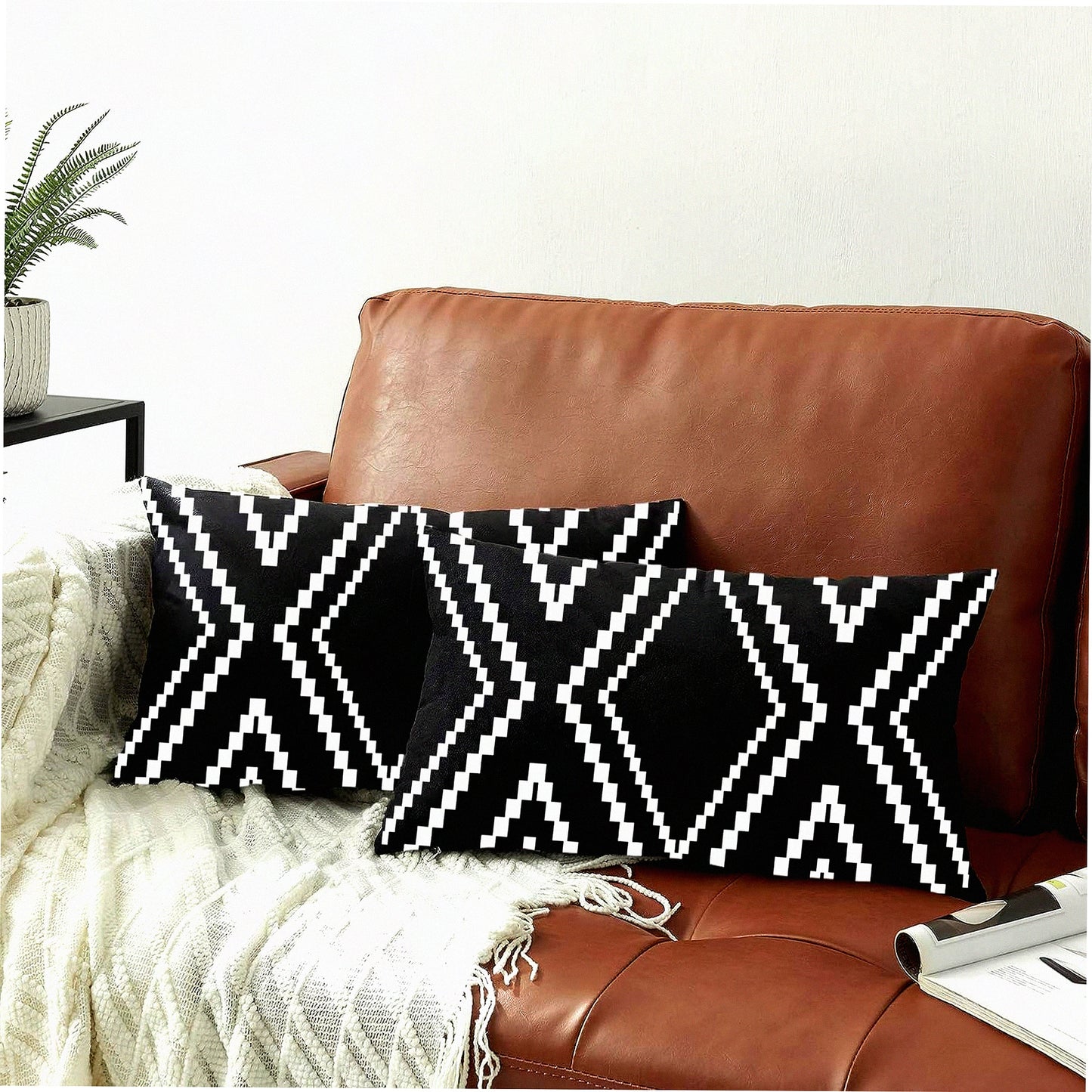 Boho Velvet Black Pillowcase Set - Soft Square Decorative Throw Pillow Covers for Sofa Couch Bed Decor - 2 Pack 12x20 Inches