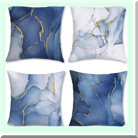 Abstract Blue Gold Velvet Pillow Covers - Set of 4 - Modern Decorative Cushion Cases for Couch Sofa Bed - 18x18 Inch Soft Marble Home Decor