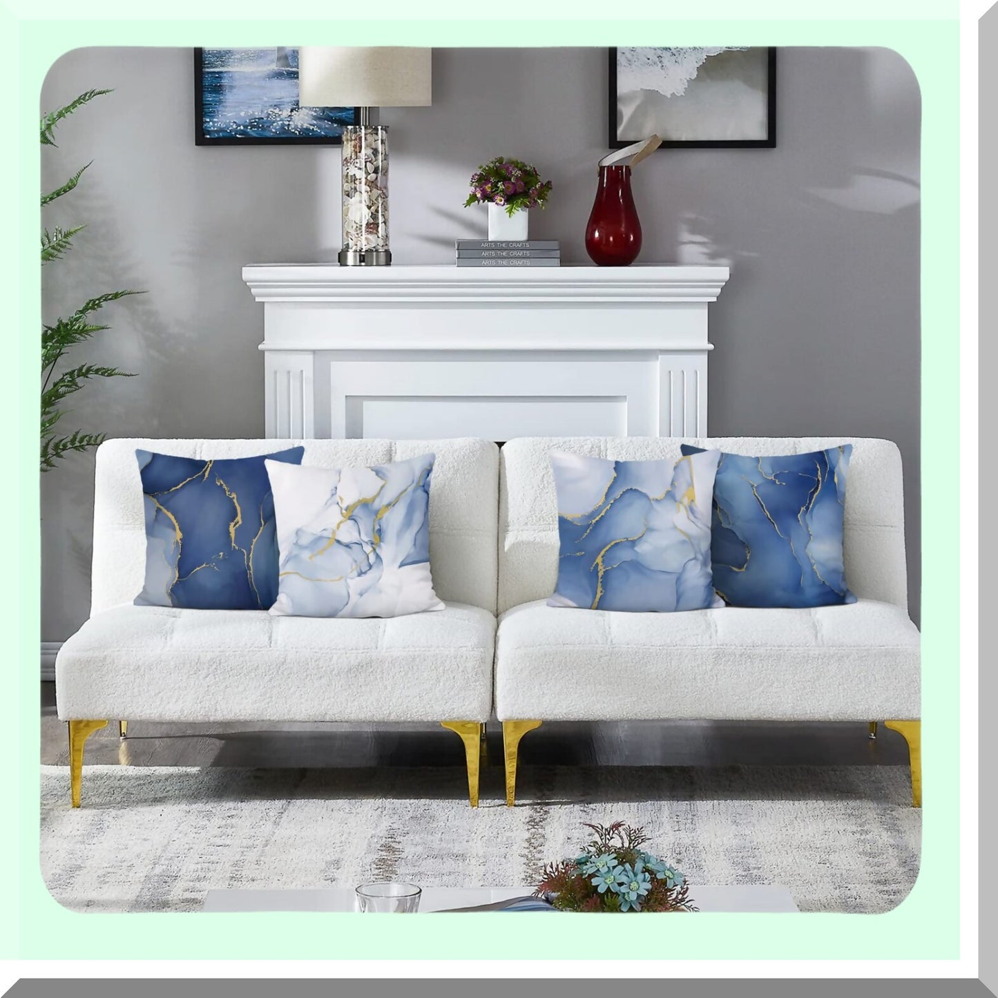 Abstract Blue Gold Velvet Pillow Covers - Set of 4 - Modern Decorative Cushion Cases for Couch Sofa Bed - 18x18 Inch Soft Marble Home Decor