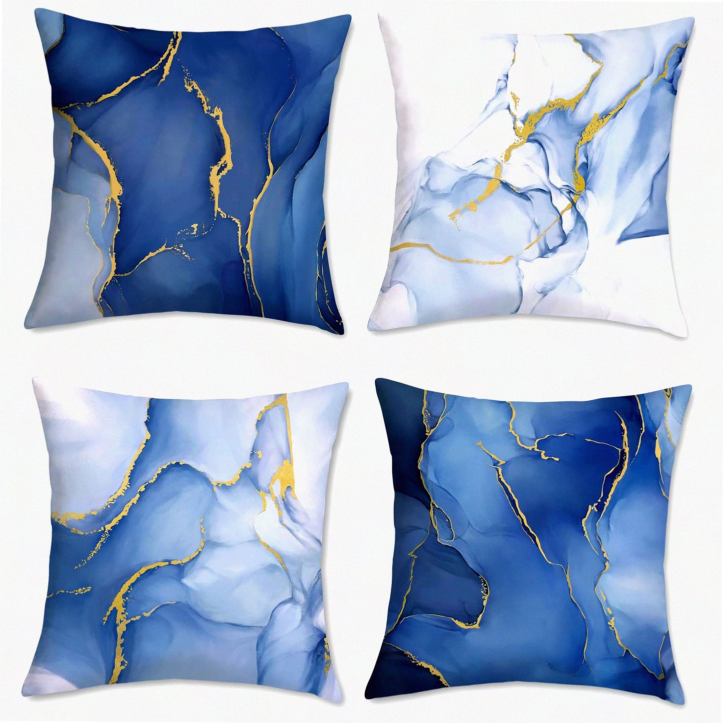 Abstract Blue Gold Velvet Pillow Covers - Set of 4 - Modern Decorative Cushion Cases for Couch Sofa Bed - 18x18 Inch Soft Marble Home Decor