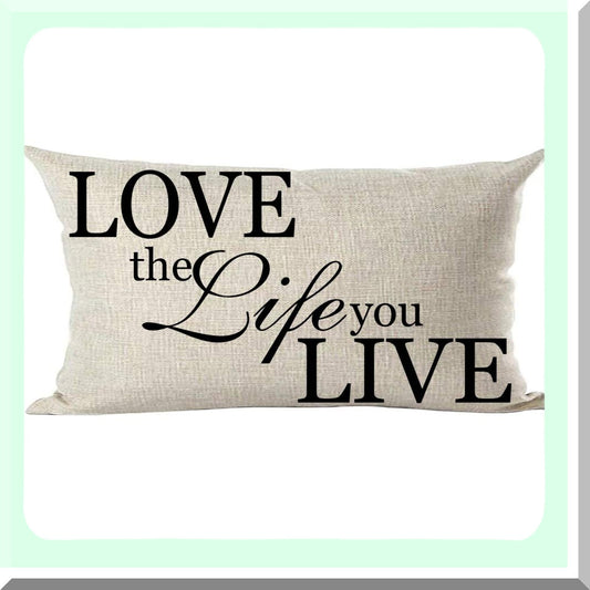 Love Life Inspirational Quote Pillow Cover - Black Word Art Decorative Lumbar Throw Case for Home Living Room Bed Sofa Car - Cotton Linen Rectangular 12 x 20 Inches