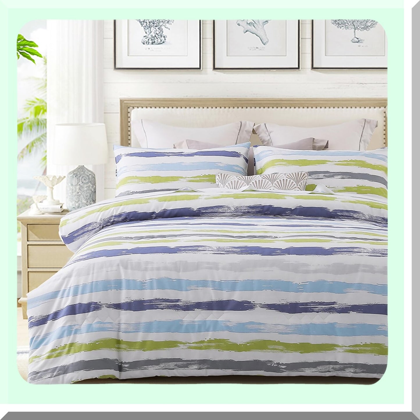 Luxury Stripe Patchwork Comforter Set - Queen Size 600 Thread Count Cotton Bedding Set with Down Alternative Fill - Grey Branch Design - 3 Piece Set