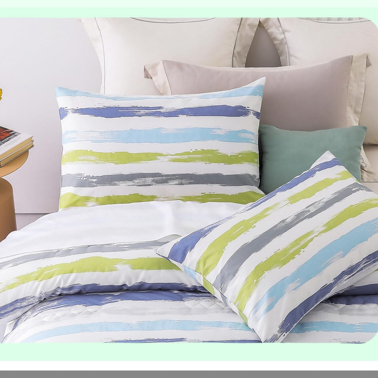 Luxury Stripe Patchwork Comforter Set - Queen Size 600 Thread Count Cotton Bedding Set with Down Alternative Fill - Grey Branch Design - 3 Piece Set