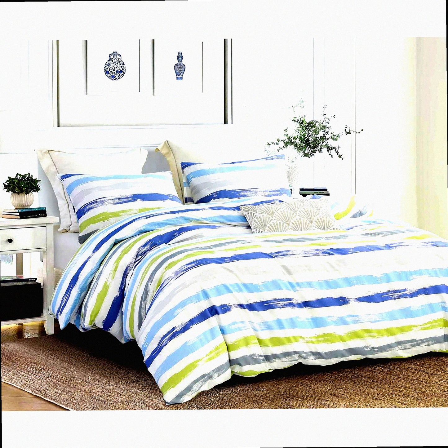 Luxury Stripe Patchwork Comforter Set - Queen Size 600 Thread Count Cotton Bedding Set with Down Alternative Fill - Grey Branch Design - 3 Piece Set