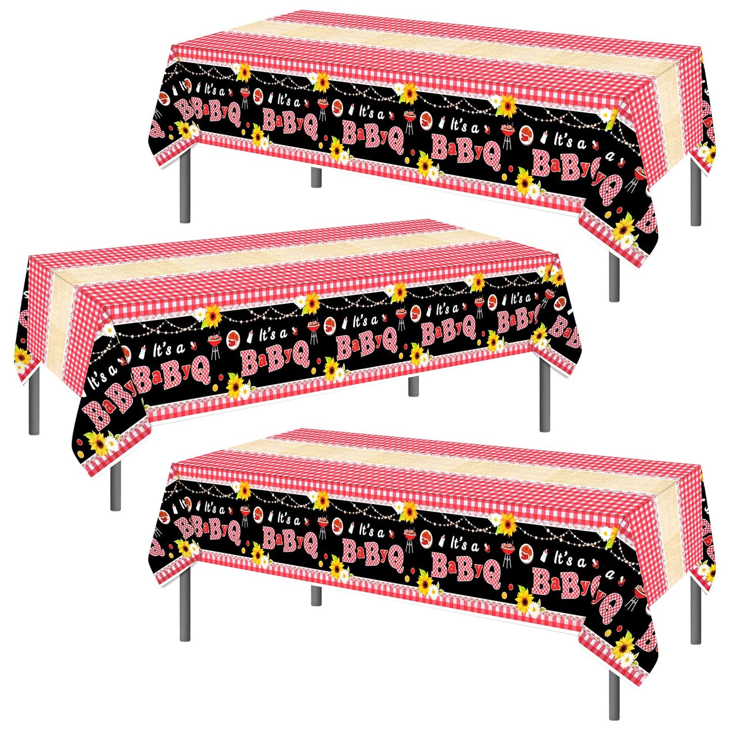 Sunflower BBQ Party Tablecloths - Disposable Rustic Table Covers for Baby Shower Decorations. Set of 3 Plastic Rectangular Tablecloths for BBQ Events.