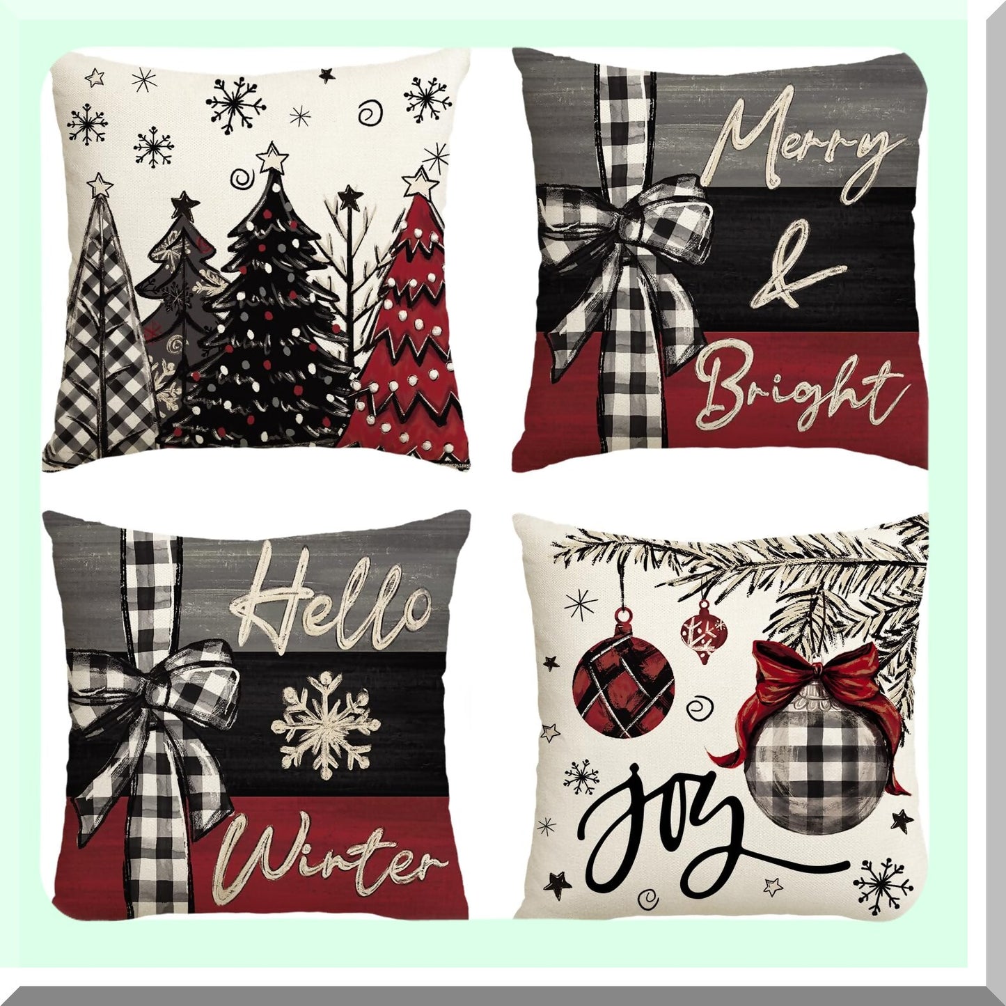 Winter Wonderland Festive Pillow Covers - Set of 4, 18x18 Inch Christmas Tree Red Cushion Cases for Sofa Couch Decoration - Merry Joy Holiday