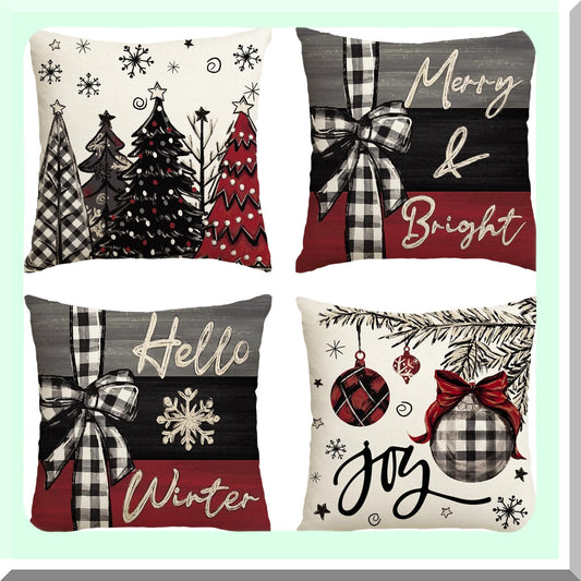 Winter Wonderland Festive Pillow Covers - Set of 4, 18x18 Inch Christmas Tree Red Cushion Cases for Sofa Couch Decoration - Merry Joy Holiday