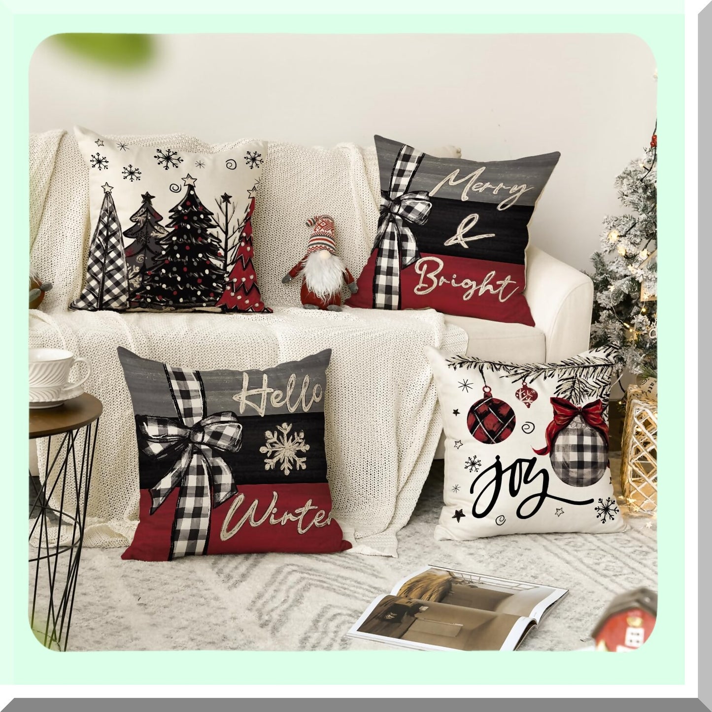 Winter Wonderland Festive Pillow Covers - Set of 4, 18x18 Inch Christmas Tree Red Cushion Cases for Sofa Couch Decoration - Merry Joy Holiday