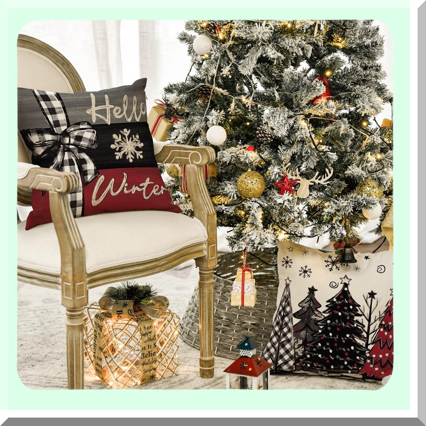 Winter Wonderland Festive Pillow Covers - Set of 4, 18x18 Inch Christmas Tree Red Cushion Cases for Sofa Couch Decoration - Merry Joy Holiday