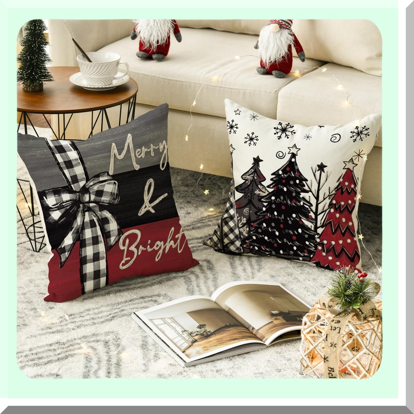 Winter Wonderland Festive Pillow Covers - Set of 4, 18x18 Inch Christmas Tree Red Cushion Cases for Sofa Couch Decoration - Merry Joy Holiday