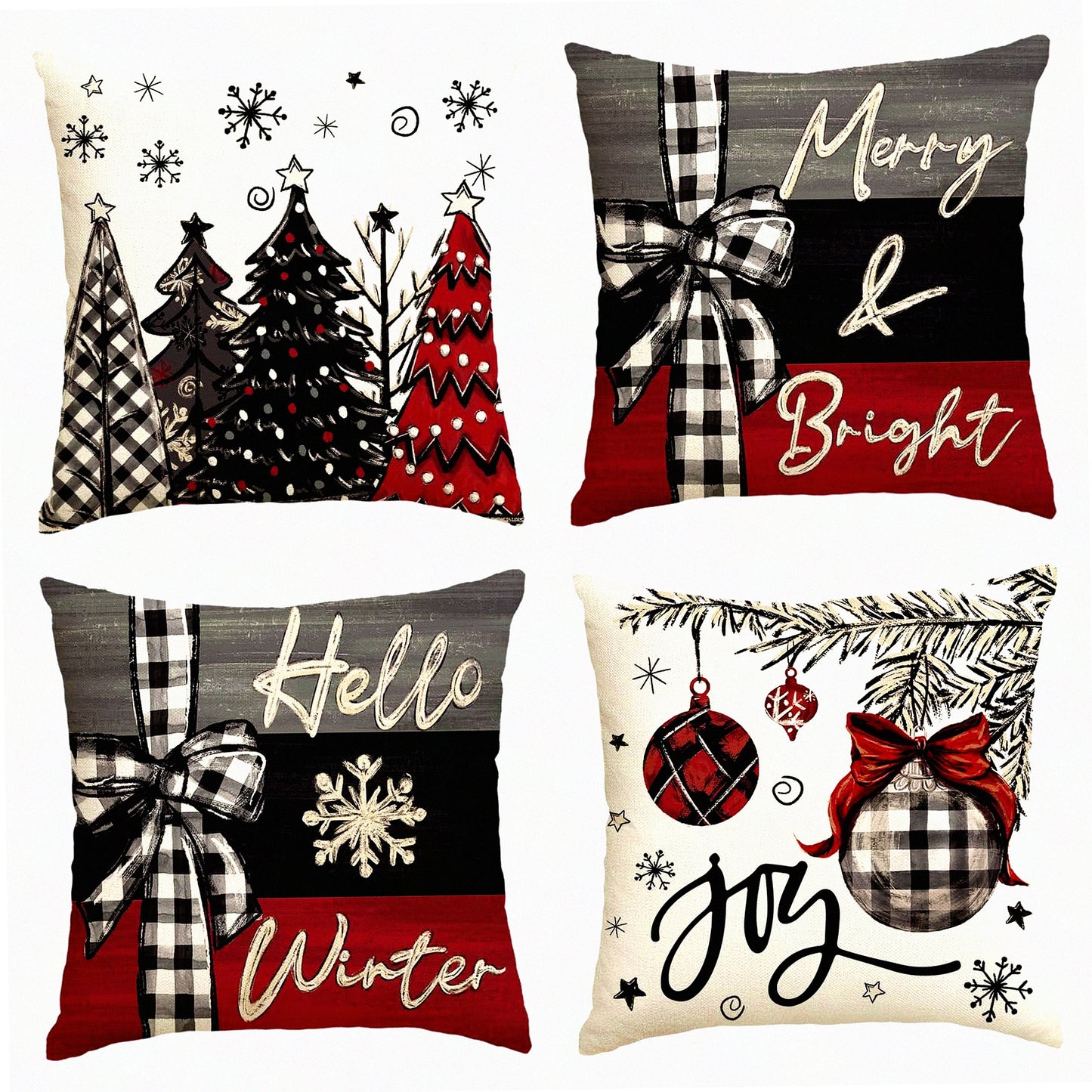 Winter Wonderland Festive Pillow Covers - Set of 4, 18x18 Inch Christmas Tree Red Cushion Cases for Sofa Couch Decoration - Merry Joy Holiday