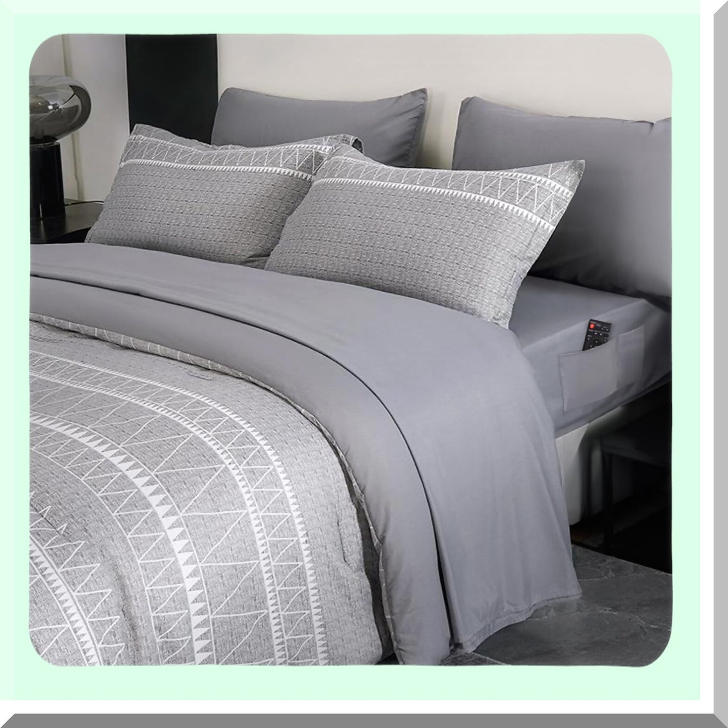 Gray Boho Comforter Set with Pockets - 7 Piece Bedding Bundle for All Seasons: Flat Sheet, Fitted Sheet, Pillowcases, Shams - Bed in a Bag