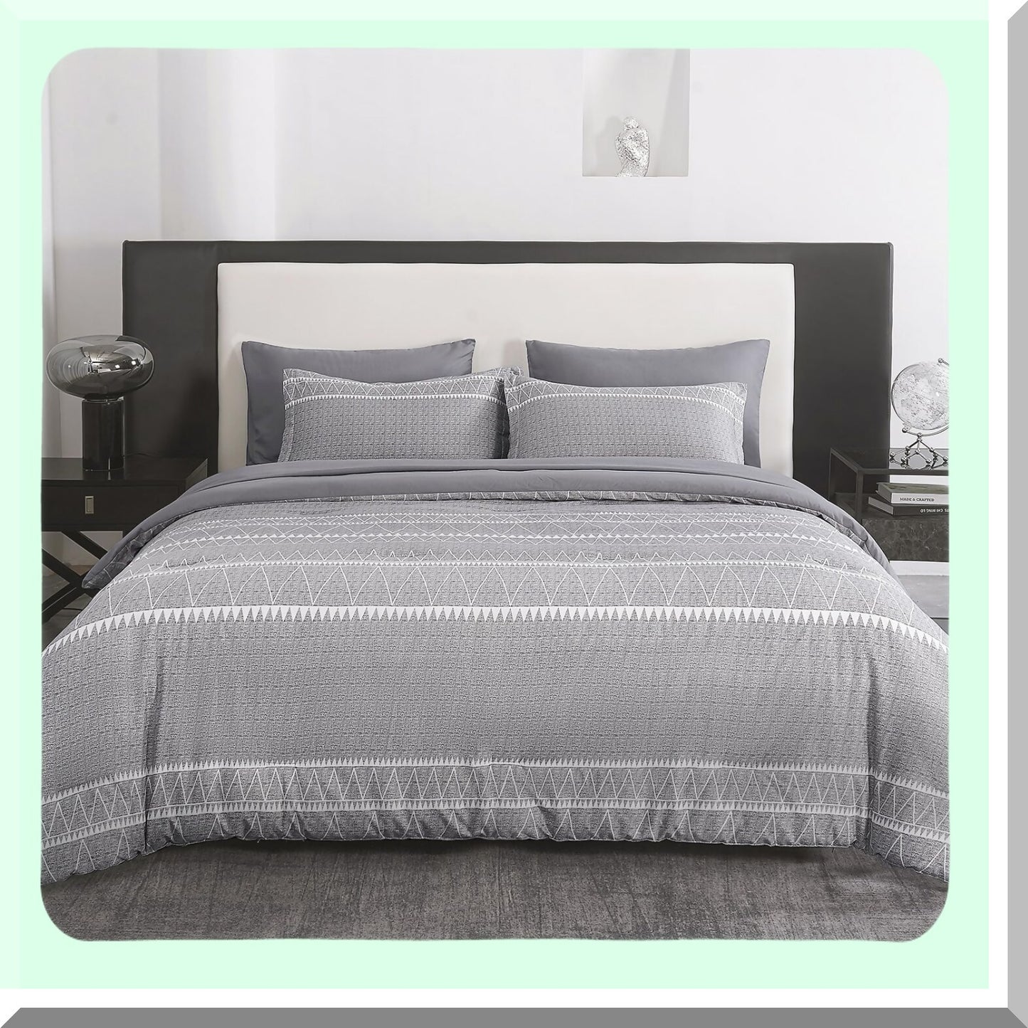 Gray Boho Comforter Set with Pockets - 7 Piece Bedding Bundle for All Seasons: Flat Sheet, Fitted Sheet, Pillowcases, Shams - Bed in a Bag