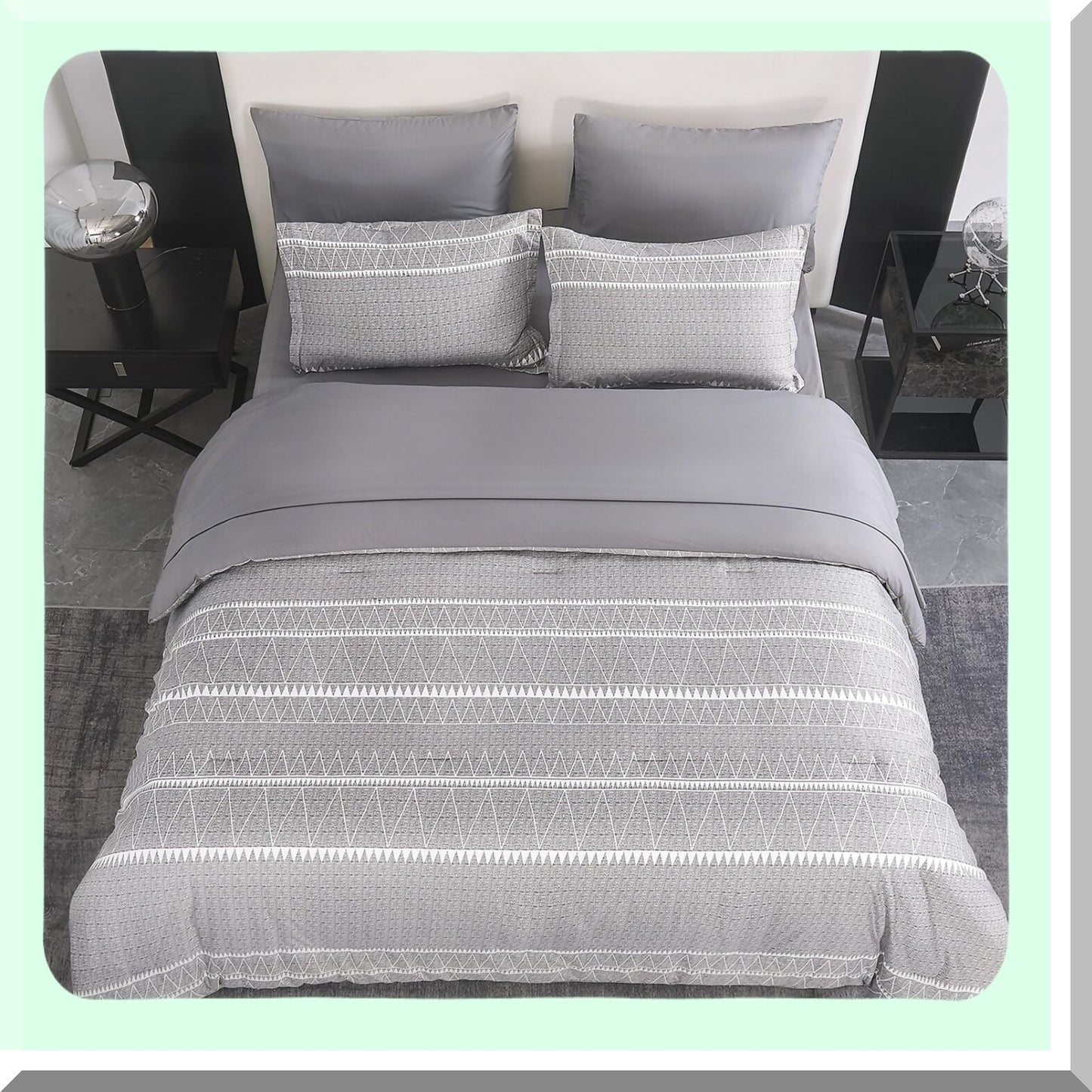 Gray Boho Comforter Set with Pockets - 7 Piece Bedding Bundle for All Seasons: Flat Sheet, Fitted Sheet, Pillowcases, Shams - Bed in a Bag