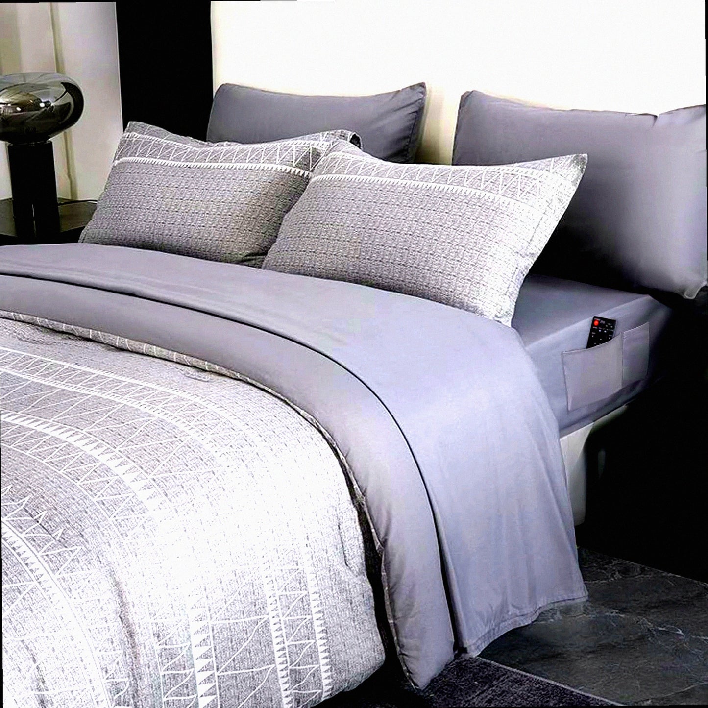Gray Boho Comforter Set with Pockets - 7 Piece Bedding Bundle for All Seasons: Flat Sheet, Fitted Sheet, Pillowcases, Shams - Bed in a Bag