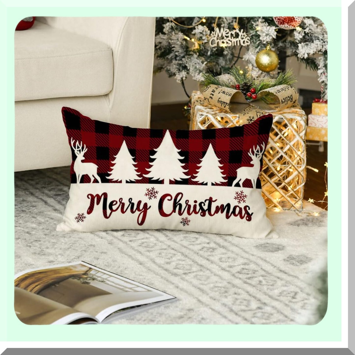 Retro Buffalo Plaid Merry Lumbar Pillowcases - Red Black Xmas Decor - Winter Tree Cushion Covers - Decorative Throw Pillows - 12x20 Inch