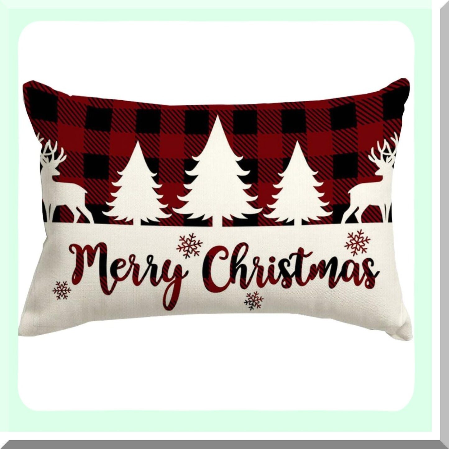 Retro Buffalo Plaid Merry Lumbar Pillowcases - Red Black Xmas Decor - Winter Tree Cushion Covers - Decorative Throw Pillows - 12x20 Inch